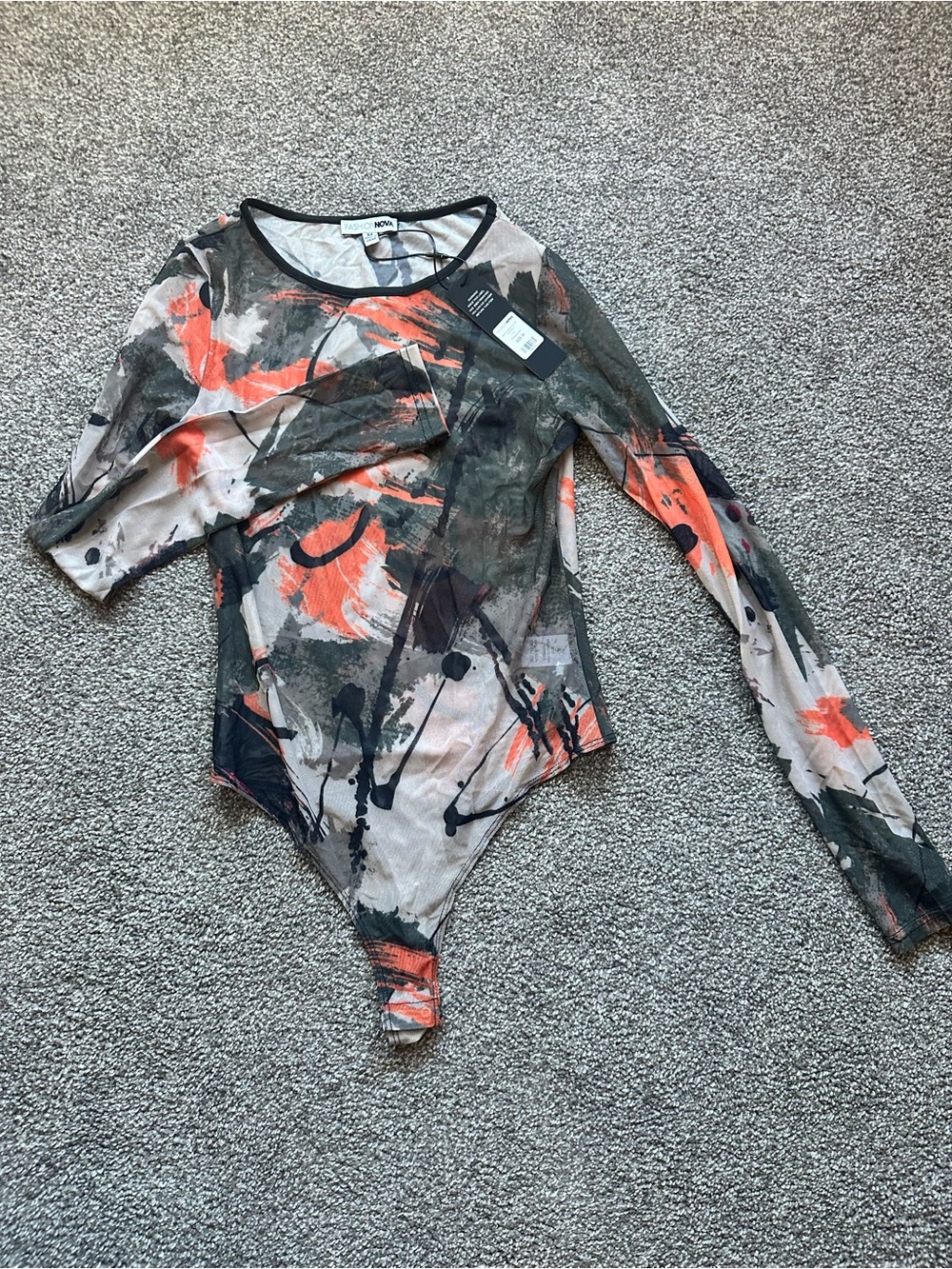 Fashion Nova Sheer Abstract Splash Long-Sleeve Bodysuit in Coral, Olive, Black